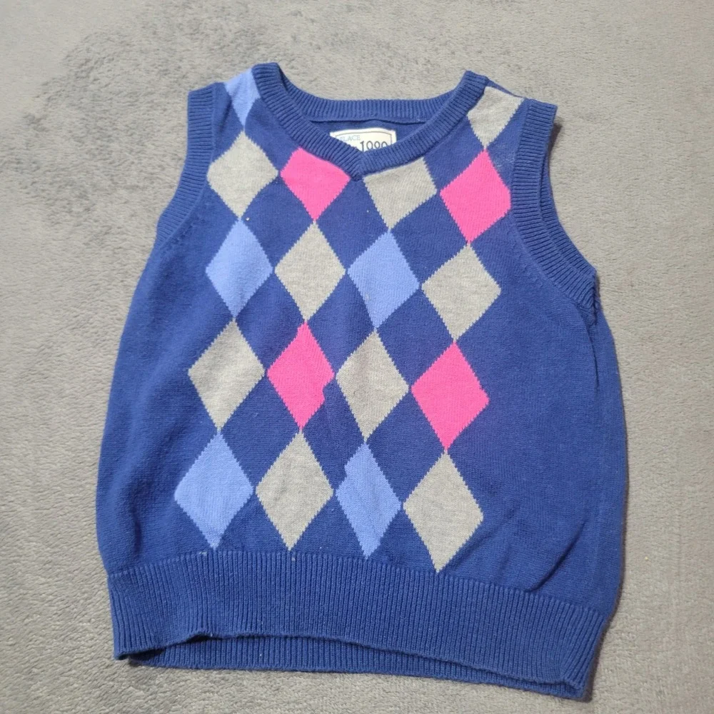 The Children's Place Sweater Vest Unisex 18-24M Blue Argyle Preppy Cotton V-Neck